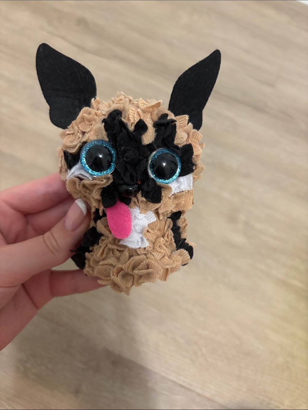 Plush Tan and Black Puppy with Blue Eyes and Pink Tongue